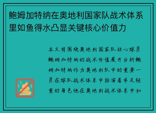 鲍姆加特纳在奥地利国家队战术体系里如鱼得水凸显关键核心价值力